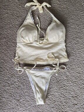 Yellow Halter Tankini Set with Lace Trim